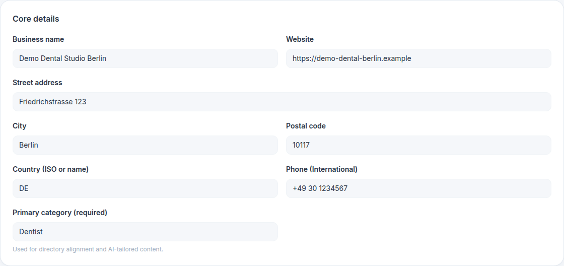 Citation Blaster enrollment form with core business details prefilled for a demo dental studio