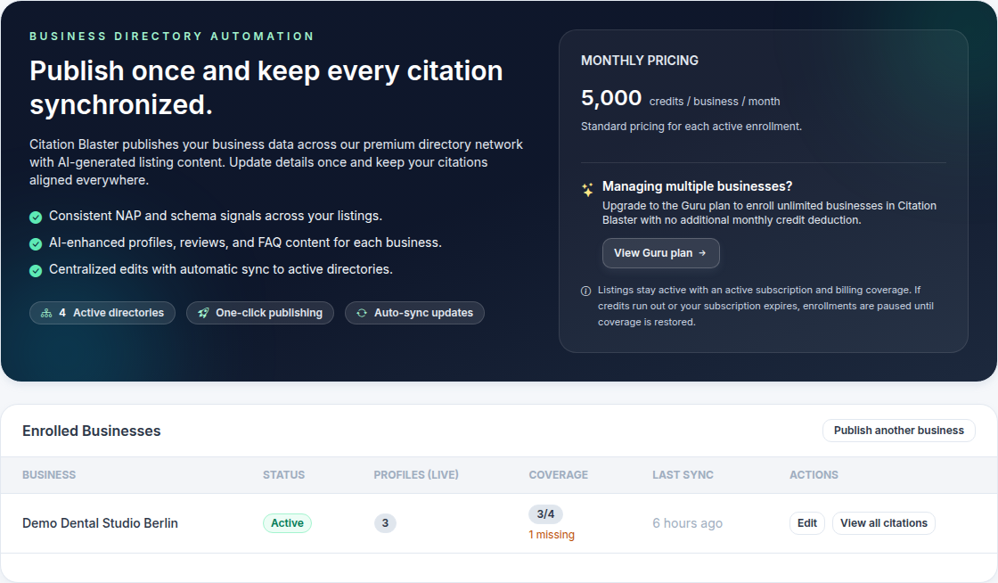 Citation Blaster overview showing monthly pricing and enrolled businesses