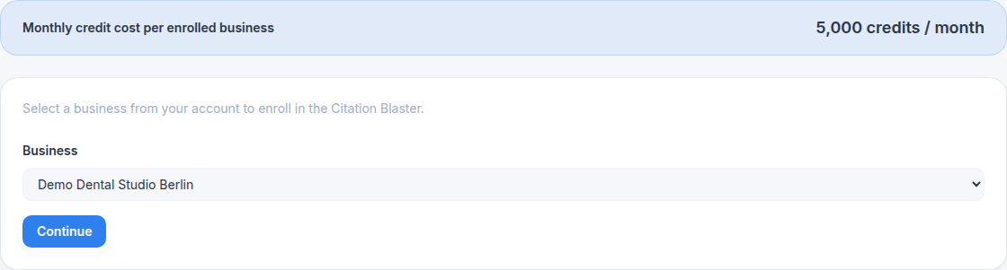Citation Blaster business selection page with monthly credit cost and business selector