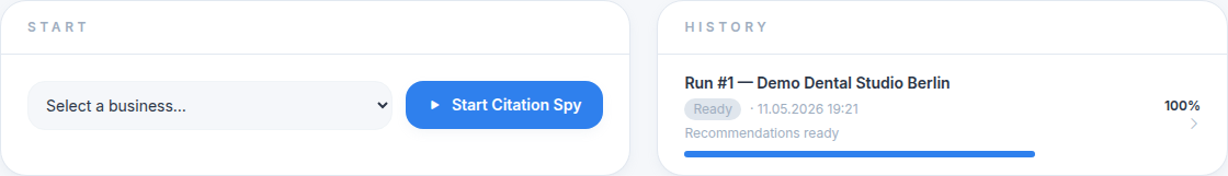 Citation Spy start panel with a business selector and previous run history