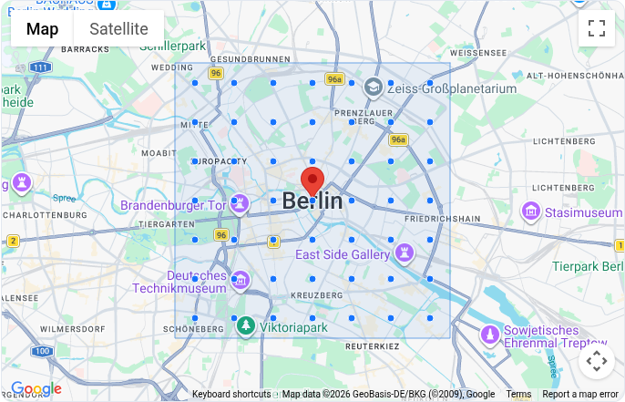 Quick Scan map preview with a blue GeoGrid around Berlin