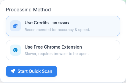 Quick Scan processing method choices and Start Quick Scan button