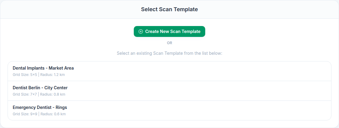 Recurring Scan setup page with existing scan templates ready for selection