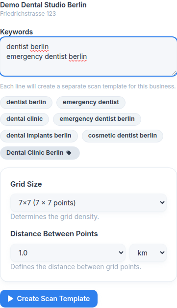 Scan Template form with a demo dental business and keyword suggestions
