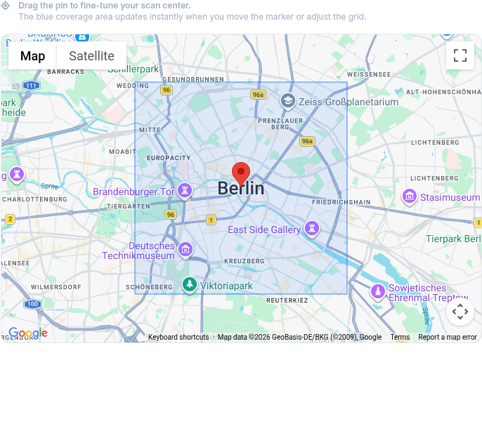 Scan Template map preview showing the scan center and grid coverage for the selected business