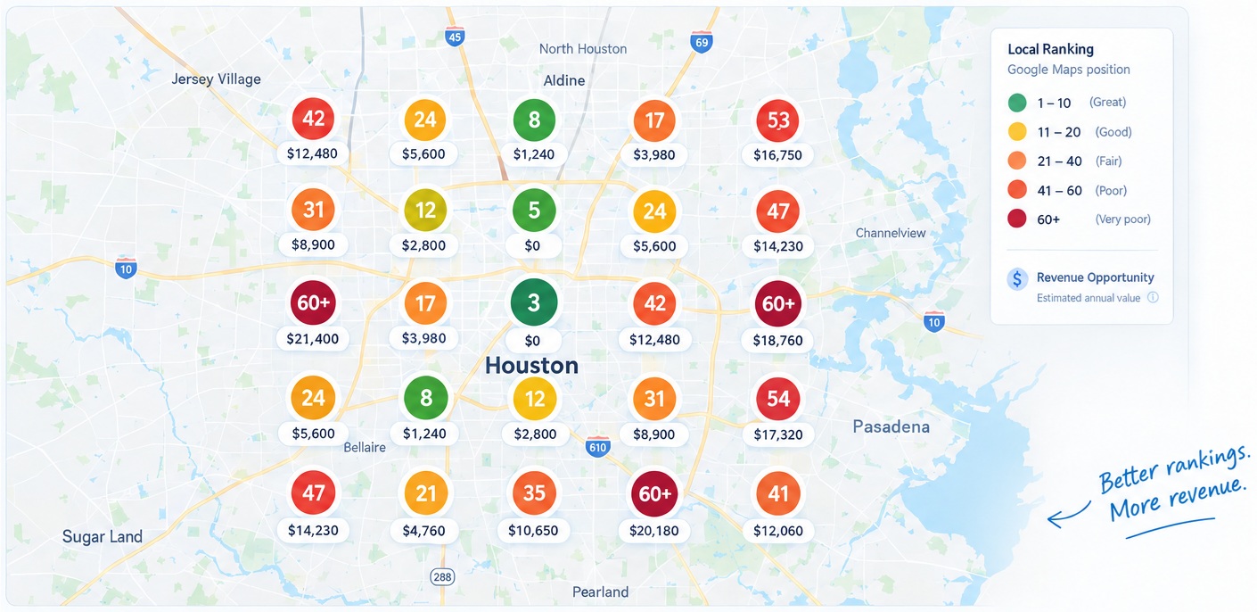 Illustrative map showing local rankings and revenue opportunity at each grid point
