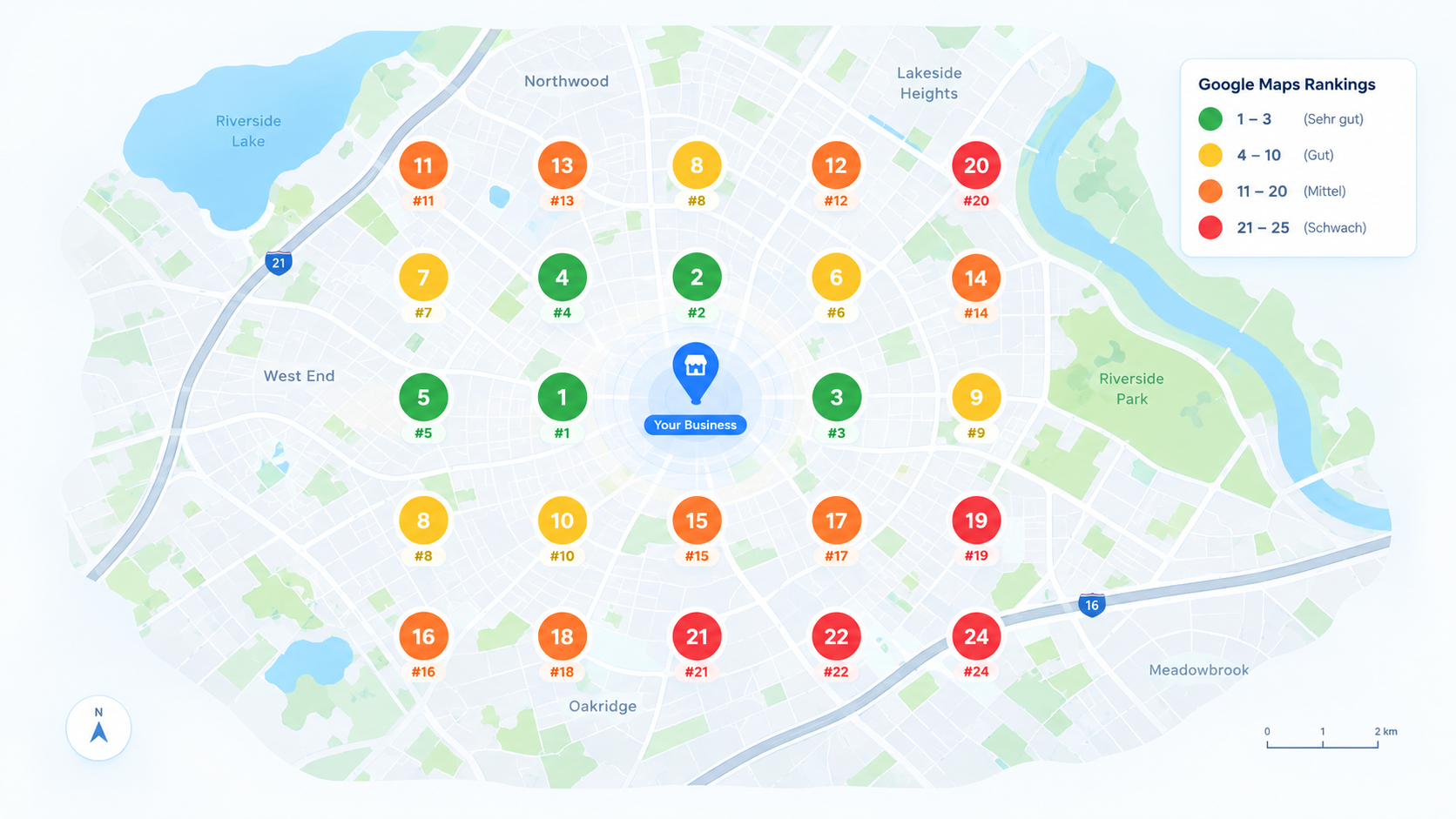 Illustrative local ranking opportunity map with GeoGrid points across a service area