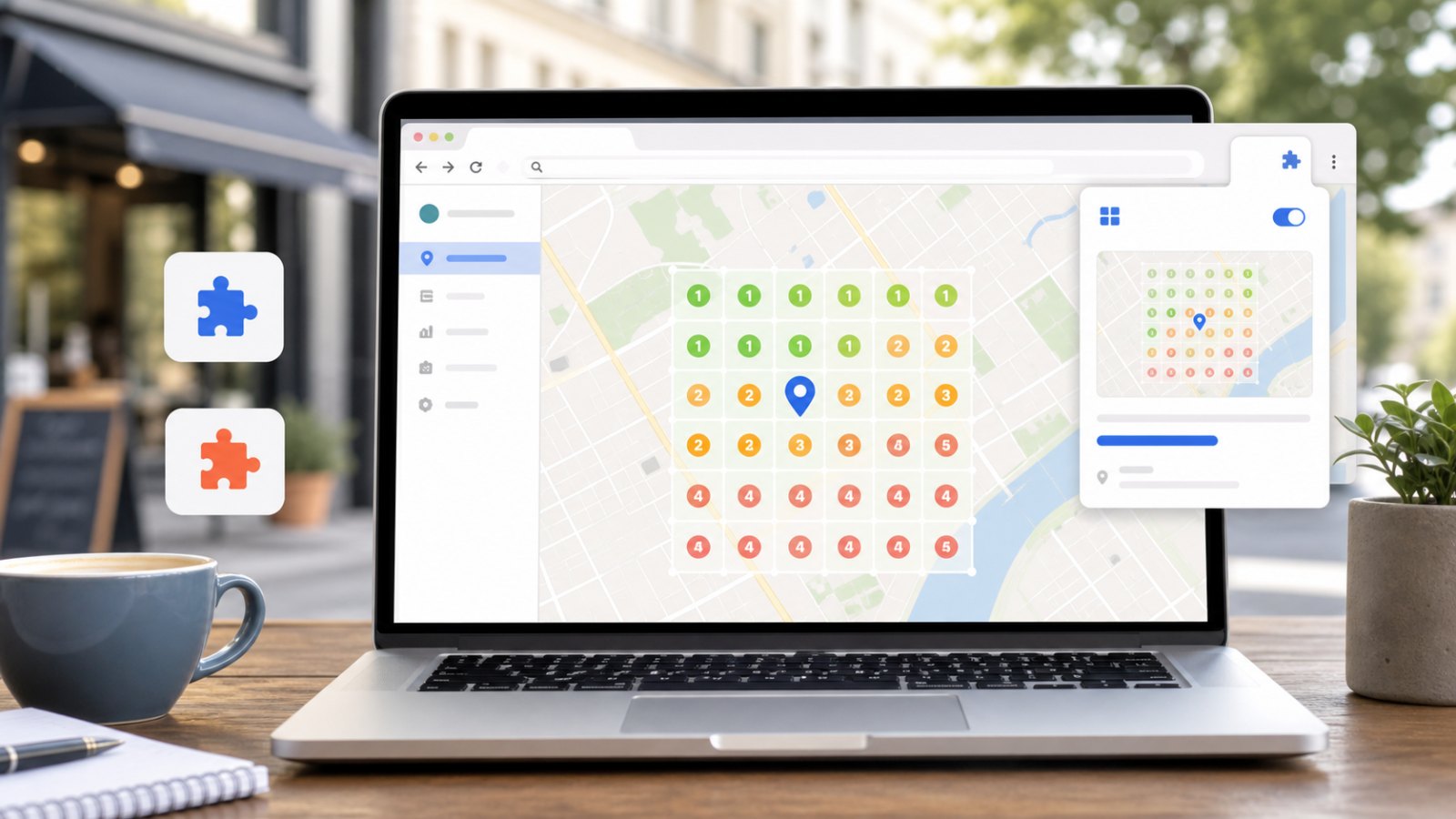 Browser extension local rank tracking workflow with GeoGrid map results