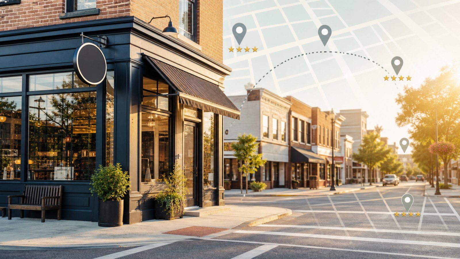 Editorial illustration of a local business storefront with map visibility signals